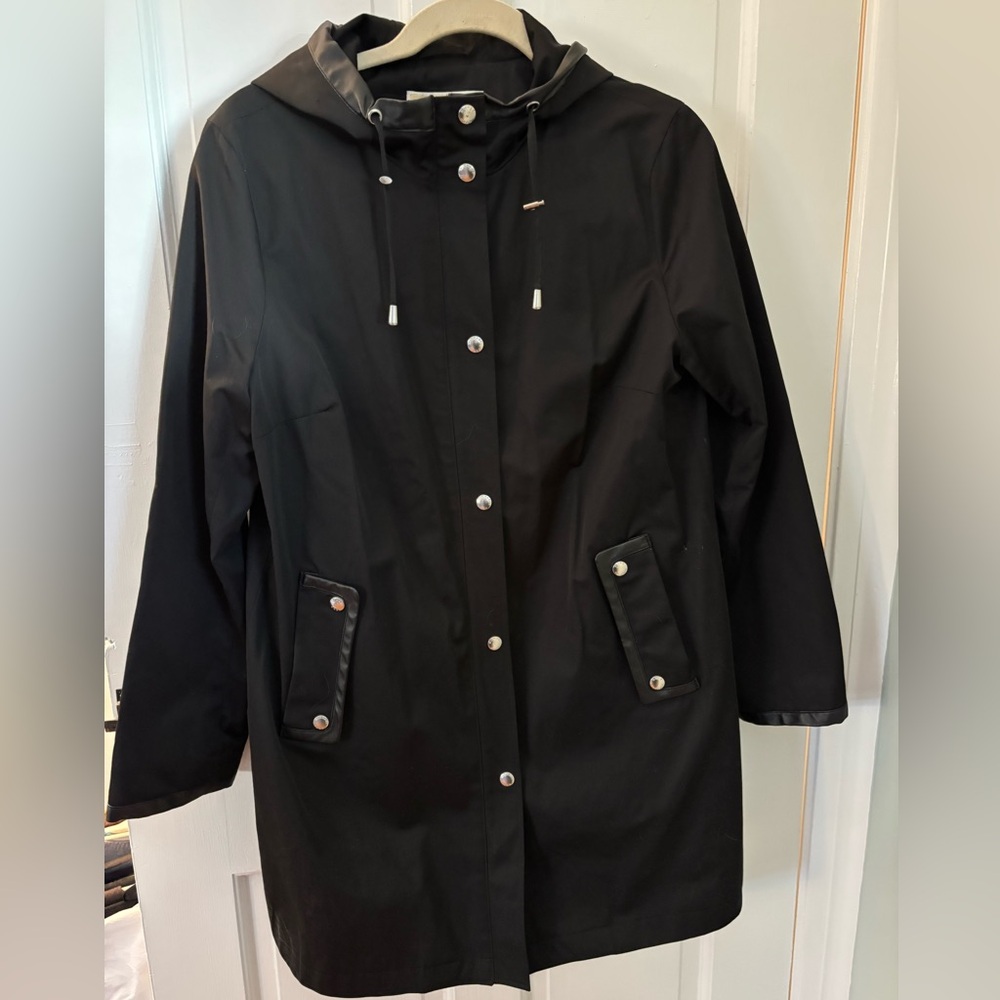 Michael Kors Hooded Trench Coat – Black with Faux Leather Trim – Size Medium